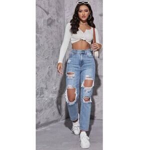 Cute SHEIN High Waist Straight Leg Ripped Jeans Women’s SIZE Medium (6)